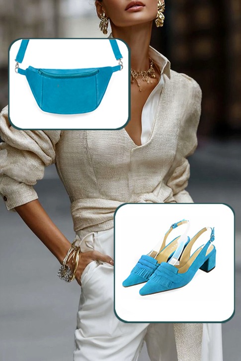 Dress slingback heels in turquoise blue leather with medium block heels and pointed toe - Top view